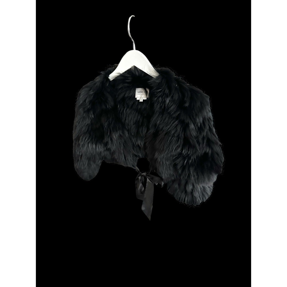 Women's Armani Collezioni Faux Fur Crop Top Black Ribbon Tie Sz 4 / Small Vest